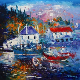 Misty autumnlight and fishing boats Crinan 36x36